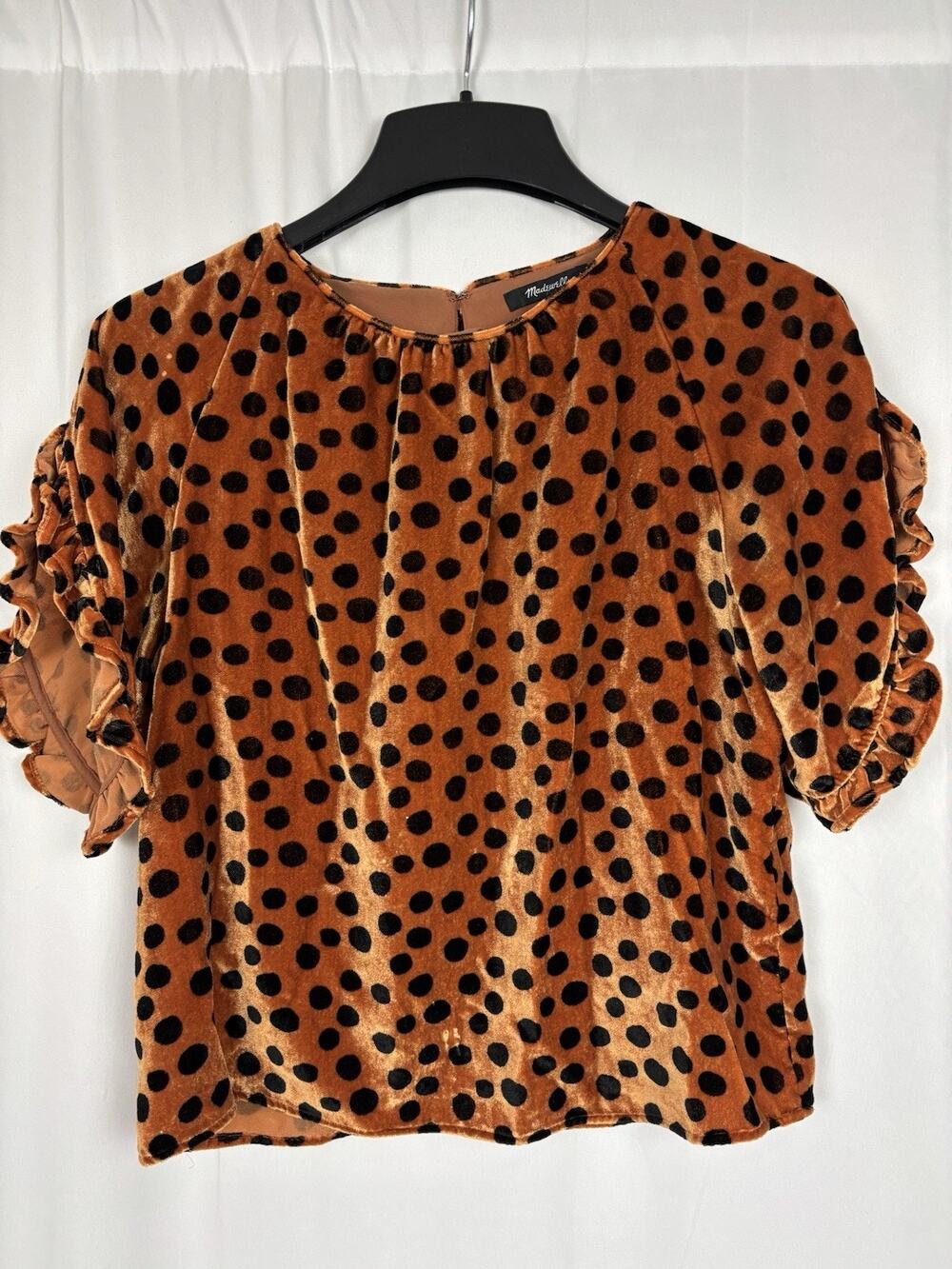 Madewell Memento Ruffle Short Sleeve Top Leopard Dot Size S Velvet Orange Black